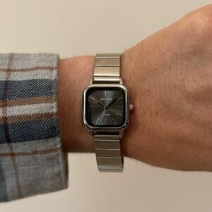 Y2K Silver Square Quartz Watch with Black Dial Unisex 8.5" New